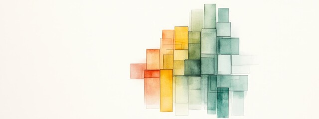 Abstract watercolor composition depicting layered geometric shapes in vibrant warm and cool tones against a light background