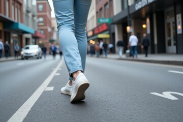Person walking down a city street wearing jeans and white sneakers