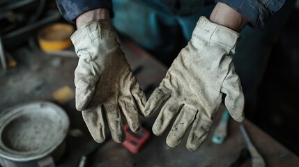 A pair of worn, dirty work gloves held out, showcasing signs of use and labor.