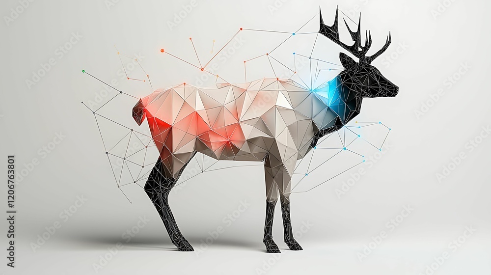 Poster abstract polygonal deer with vibrant colors and a digital art style, set against a minimalist backgr