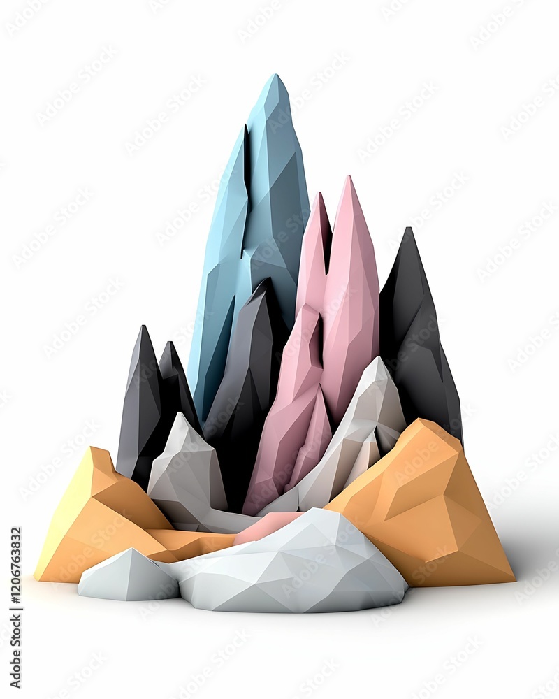 Poster abstract geometric mountain formation with colorful peaks and rocks, showcasing a modern art style. 