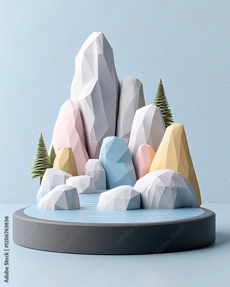 Poster a 3d geometric landscape featuring colorful mountains, rocks, and trees on a circular base against a
