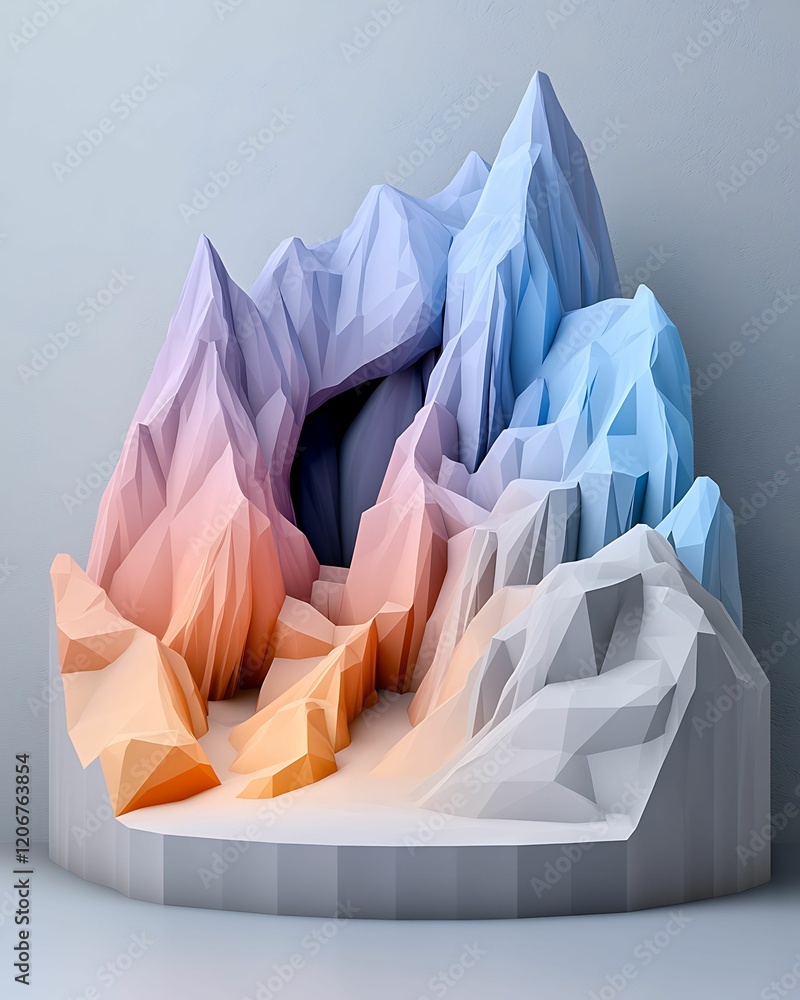 Poster a colorful, abstract representation of mountains created with geometric shapes, showcasing gradients