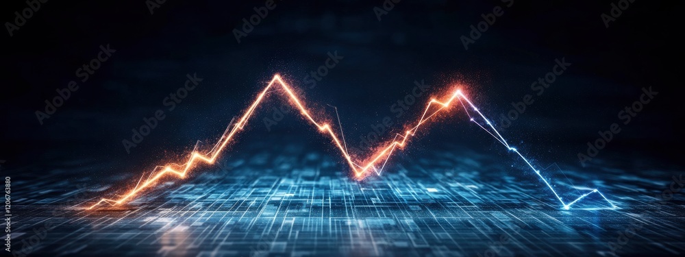 Poster dynamic stock market graph representing fluctuating prices with vibrant orange and blue rays of ligh