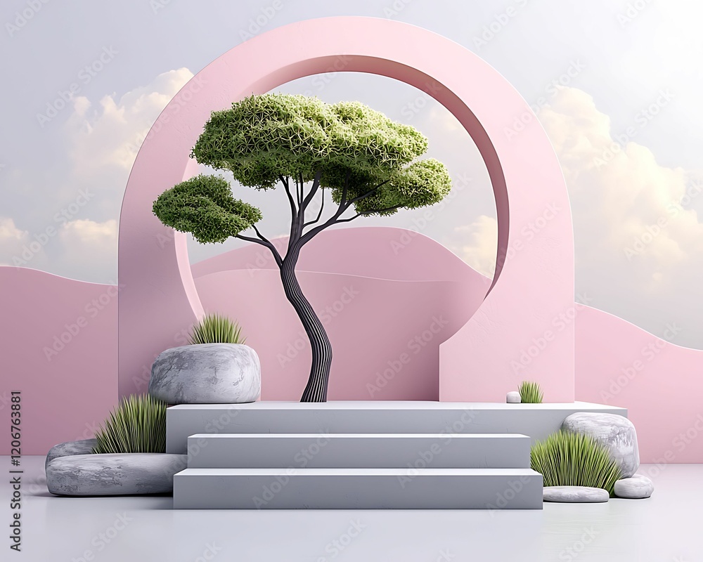 Poster a modern minimalist scene featuring a stylized tree, stone elements, and pastel backgrounds, creatin