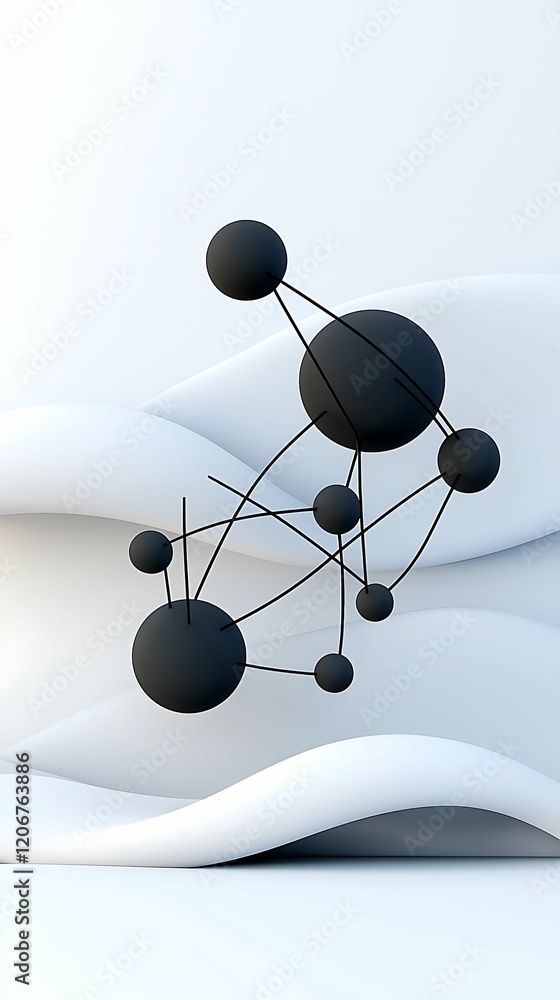 Poster abstract 3d composition of black spheres connected by lines, set against a soft white background, co