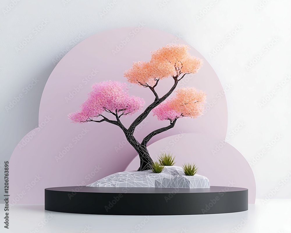 Poster a minimalist display featuring a stylized bonsai tree with pink foliage set against a soft pastel ba