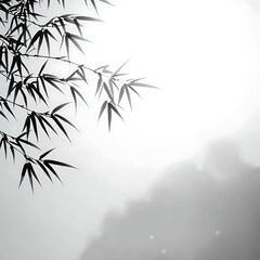 Obraz premium Bamboo Branches Against A Misty Mountain Background