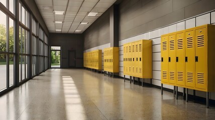 School hallway with yellow lockers in row, back to school concept. Mockup wall.
