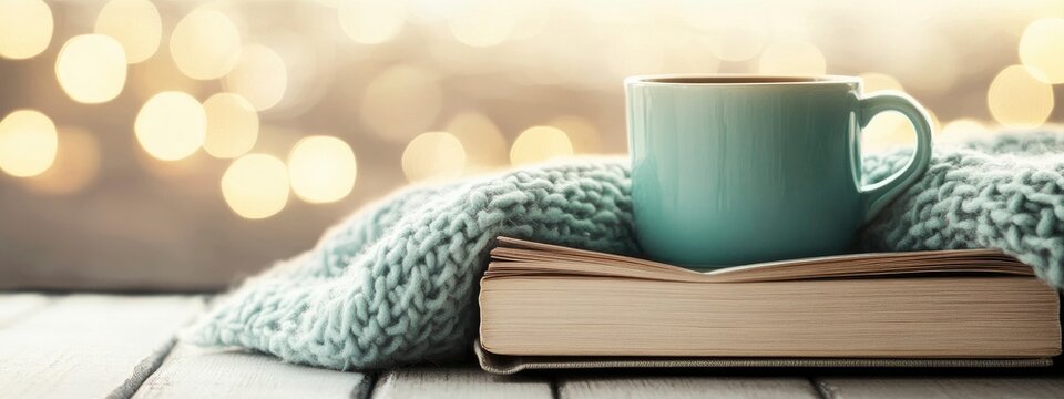 A cozy scene featuring a steaming cup of tea on a warm knitted blanket beside an open book, set against a soft bokeh background