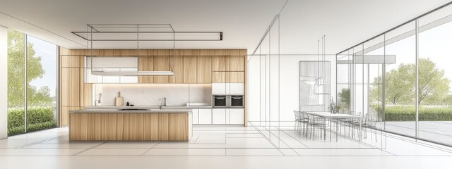 Modern minimalist kitchen interior with wooden cabinetry and large windows showcasing a serene outdoor view