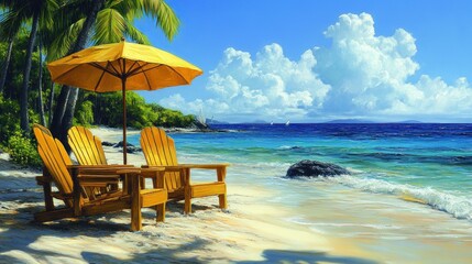 Obraz premium Tranquil beach scene with yellow umbrella and chairs under palm trees, clear blue sky and ocean waves