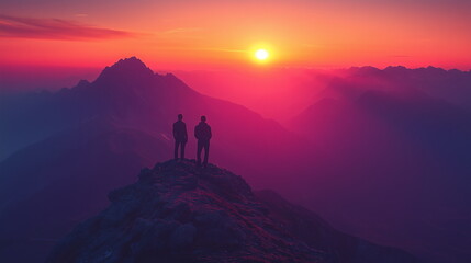 The silhouette of two men from the back standing on a mountain peak, looking at a sunrise or sunset landscape bathed in red.