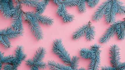 Blue spruce branches arranged on a pink background for creative decoration