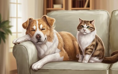 A dog and cat relaxing on a sofa.