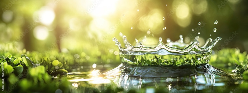 Poster water droplet creating a splash in a serene natural setting surrounded by vibrant greenery and soft 