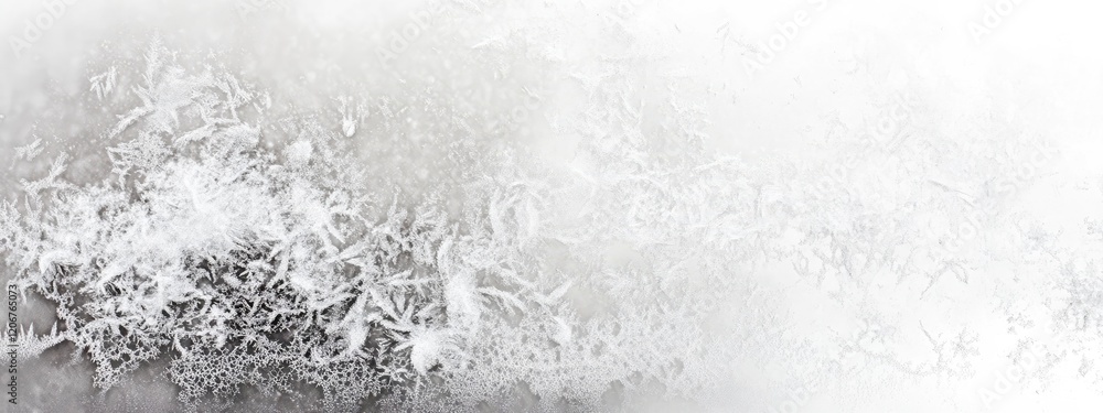 Poster a tranquil and abstract winter scene featuring delicate frost patterns on a glass surface, evoking a