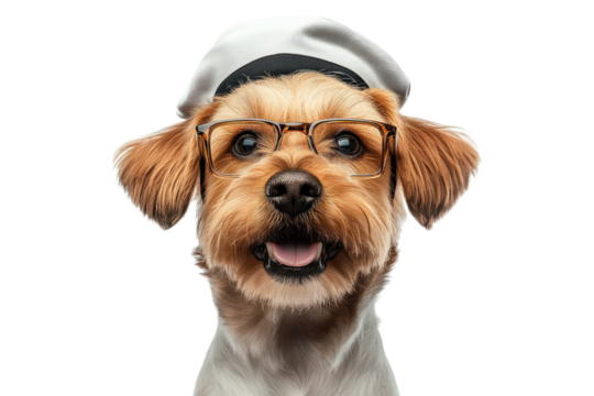Terrier wearing square glasses and a tiny sailor hat isolated on white or transparent PNG
