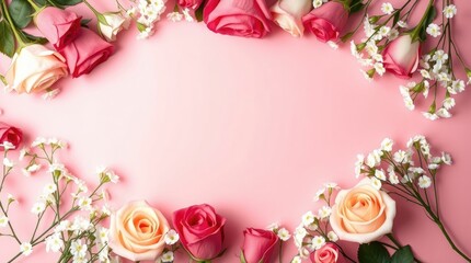 pink rose and gypsophila flower frame on a pink background. Strong, direct light produces intense shadows. Copy space is available at the top