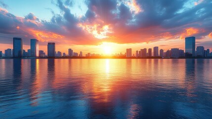 Fototapeta premium Vibrant sunset over a city skyline reflecting on calm waters, with dramatic clouds enhancing the scene