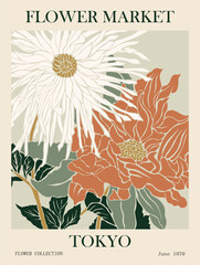 Flower market in Tokyo poster in retro style. The flowers are white and orange. Colorful flat vector illustration