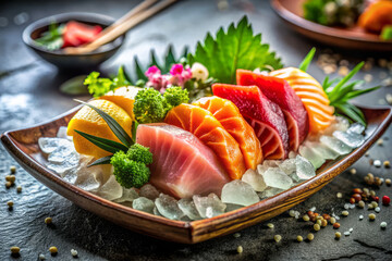 Fresh sashimi platter with vibrant colors and artistic presentation