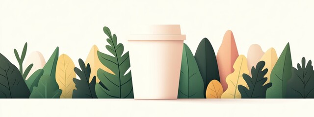 A minimalistic illustration featuring a coffee cup surrounded by lush green leaves and stylized mountains in soft colors.