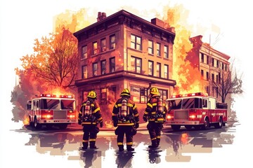 Obraz premium Firefighters respond to a building engulfed in flames, showcasing bravery and teamwork amid an emergency situation.