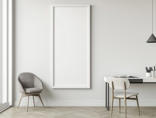 Minimalist room with a vertical white frame and a desk in a 3D render.