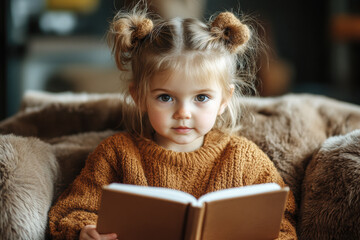A young girl with two buns in her hair sits comfortably in a cozy chair, absorbed in reading a book while wrapped in soft, warm surroundings.