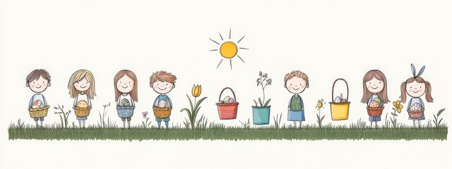 Fototapeta premium Children happily celebrating Easter by collecting colorful eggs in baskets amidst a sunny spring landscape.