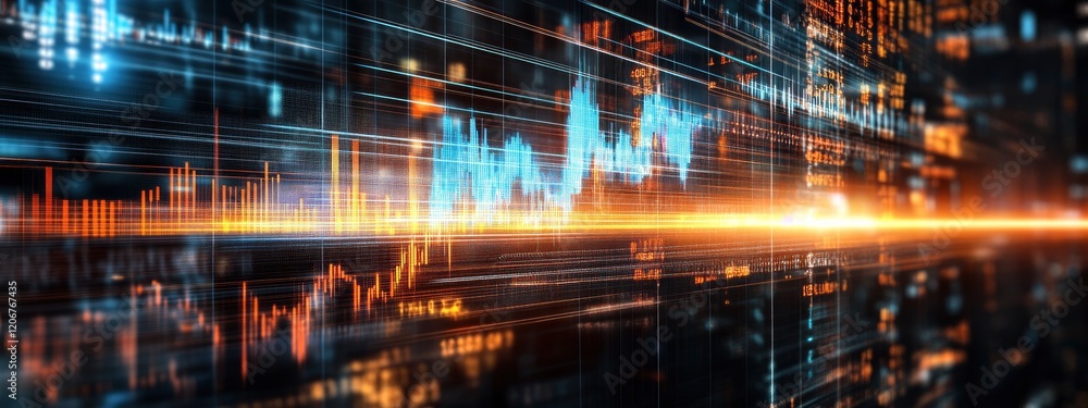 Poster financial market data visualization showcasing dynamic stock charts and digital interfaces illustrat