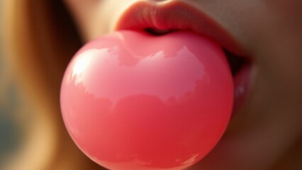 A macro shot of bubble gum as it starts to form into a bubble. Glossy pink gum, intricate textures, and warm lighting create an intimate and captivating image.