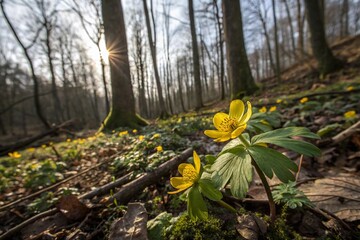 Fototapeta premium yellow winter aconite flower in beautiful forest with sunlight