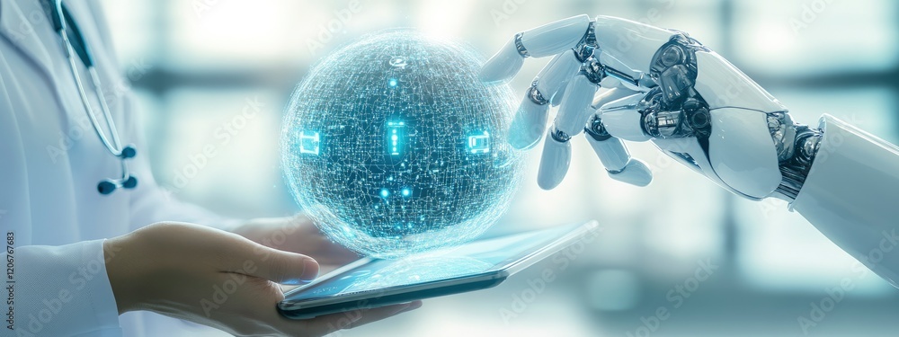 Poster a futuristic interaction between a robotic hand and a medical professional using a digital tablet in