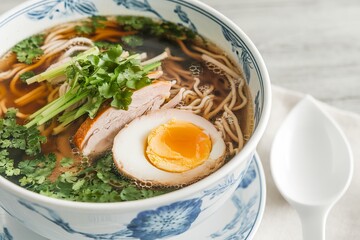 Chinese soup with brown noodles and chicken egg