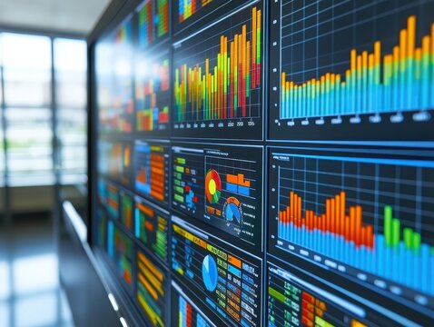 Keen digital marketer focused on optimizing ad performance, multiple devices showing analytics, vibrant office setting, copy space for datadriven digital marketing approaches