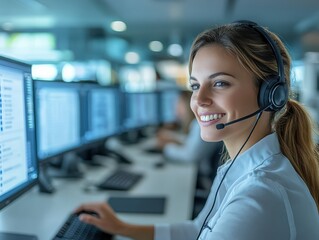 Active technical support agent attentively listening to customer, focused on solving issue, dual monitors displaying system diagnostics, copy space for superior customer service