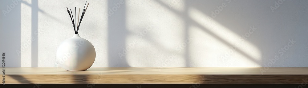 Poster a minimalistic scene featuring a white vase with sticks on a wooden surface, illuminated by soft lig