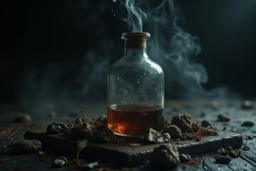 Steaming potion bottle rests on dark surface with rocks