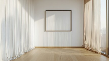 Fototapeta premium Clean interior with blank artwork, wooden floors, and soft curtain-filtered light.