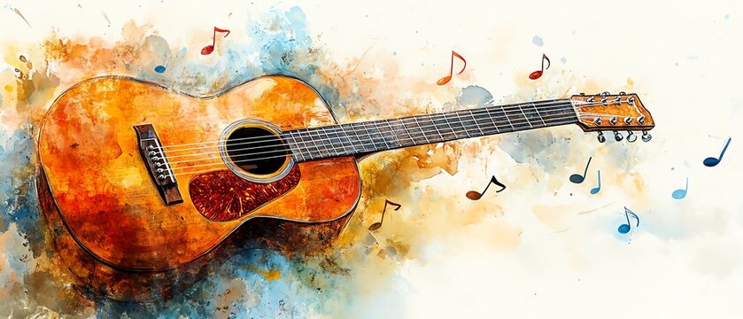 Classic acoustic guitar with floating music notes, soft pastel watercolor background, peaceful atmosphere, modern and artistic, highresolution image