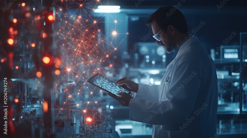 Poster scientist reviewing data on tablet in modern laboratory