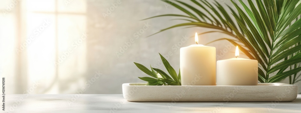 Poster a serene arrangement of two white candles in a soft, natural setting with green leaves and muted lig