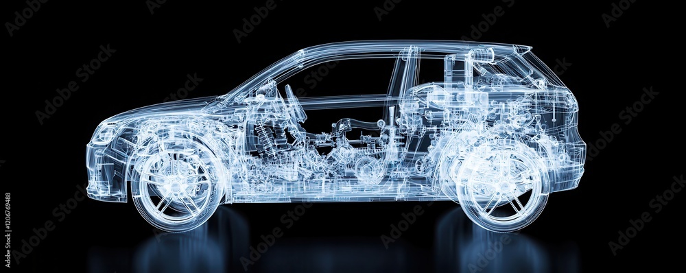 Poster a transparent, illuminated representation of a car showcasing its intricate internal structure again