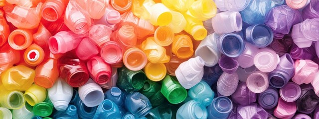 Colorful assortment of recycled plastic bottle caps arranged in a gradient pattern from red to purple representing sustainability in a vibrant display