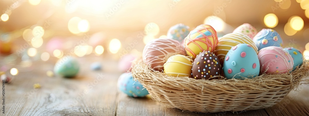 Poster colorful easter eggs nestled in a decorative basket surrounded by soft bokeh lights that create a fe