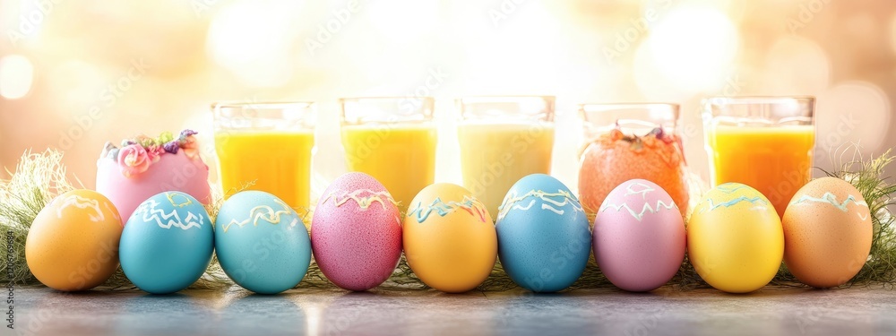 Poster a vibrant display of decorated easter eggs and refreshing drinks capturing the essence of spring cel