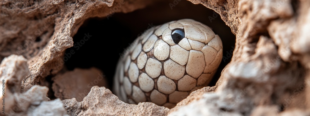 Poster a close-up view of a unique snake peeking out from a rocky crevice with intricate scales and sharp e