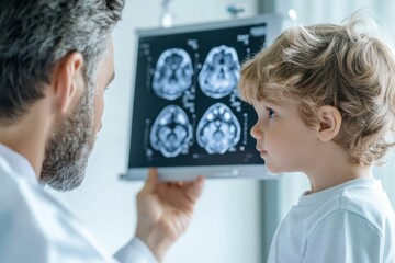 Doctor discusses MRI results with concerned parent regarding childs hydrocephalus diagnosis
